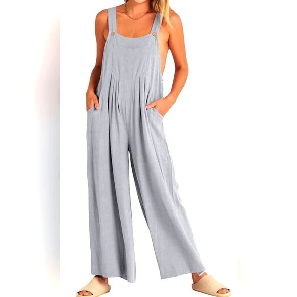 ANRABESS Women's Linen Blend Blue Pleated High Waist Wide Leg Jumpsuit Romper,Sm - Picture 1 of 9